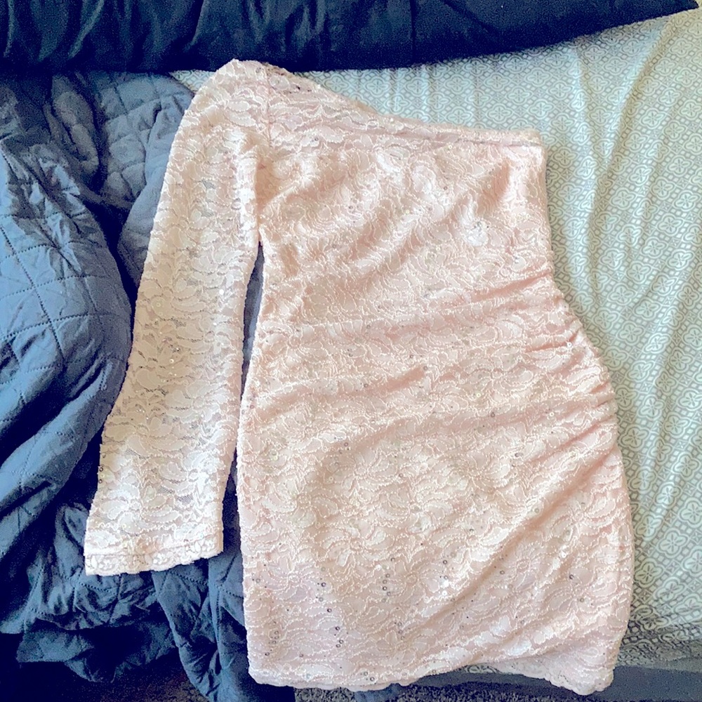 Light pink, sparkly Sequin Hearts dress.
